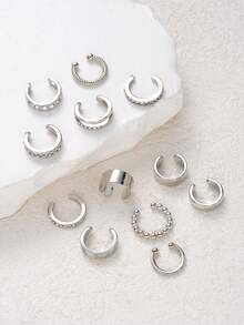 12pcs Elegant Minimalist Rhinestone C-Shaped Clip-On Earrings Set, Fashionable Accessories For Daily Wear, Dates, Parties, Great Gift Choice For Birthday, Girlfriend, Mother - Silver - View 4