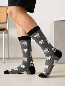 1 Pair Men's Cartoon Teeth Pattern Mid-Calf Socks, Funny & Unique Design, Suitable For All Seasons Daily Wear - Multicolor - View 1