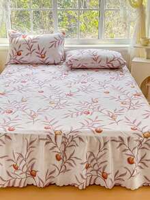 Bộ 3 món (1 ga trải giường, 2 vỏ gối) họa tiết cành đào tím in hoa, ga trải giường xếp ly viền ren, bảo vệ toàn diện khỏi bụi bẩn, bộ 3 món ga trải giường xếp ly kèm 2 vỏ gối. - Mùa đào tím - Xem 6