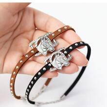 Women's Adjustable Leather Choker With Horseshoe Pendant And Spikes, Black And Brown, Cowgirl Style - 鏽棕色 - 查看 3