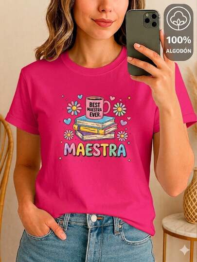 Camiseta para mujer de 100% algodón con cuello redondo y manga corta, excelente calidad de tela, cómoda y suave al tacto, con estampado del día del maestro, escuela, profesor, corazón, flores, regalo, maestras, colegio, alumnos