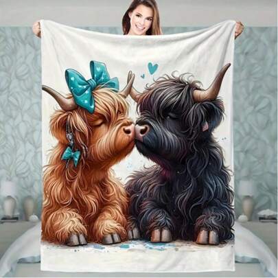 1pc 3D Cute Highland Cow Printed Plush Blanket, Modern Style, Suitable For Sofa, Room Decor, Camping, Beach, Party, Great For Office Nap