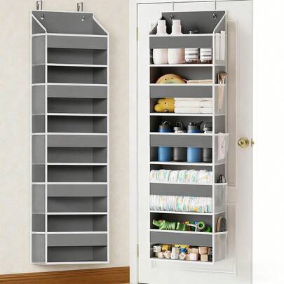 Extra Large 5 Layers Over The Door Organizer, 5 Large Pockets & 10 Mesh Side Pockets With Clear Window, Sturdy Non-Woven Fabric, Metal Hooks Fit 1.98" Doors, For Bathroom Bedroom Closet, Grey