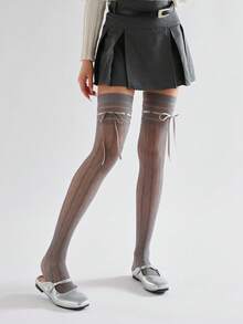 Vớ cao đến đùi kiểu ballet mùa xuân/hè với nơ và họa tiết hình thoi rỗng, kiểu Lolita ren cổ điển. - Nhiều màu - Xem 3