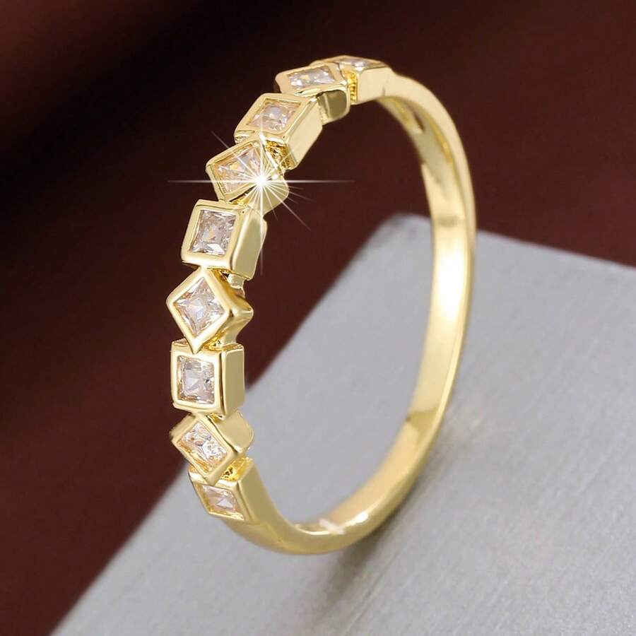 1pc Geometric Square Shaped Ring With Cubic Zirconia Stones For Women - Multicolor - View 1
