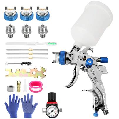 Complete Air Spray Gun Kit With 7 Nozzles (1.3/1.4/1.5/1.7/2.0/2.5mm) & 600cc Cup - Professional Gravity Feed Paint Sprayer For Car, Furniture, House & DIY Painting, Includes Air Regulator For Primer, Base & Top Coat