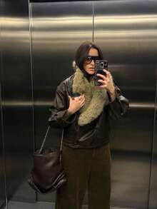 女士时尚复古人造毛皮双面外套，保暖舒适，女士冬季外套 - 巧克力棕 - 查看 5
