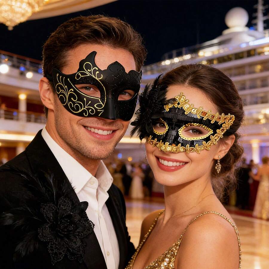 情侣化装舞会面具，威尼斯派对面具，万圣节服装派对歌剧嘉年华聚会男女通用时尚高端面具 - 金色 - 查看 1