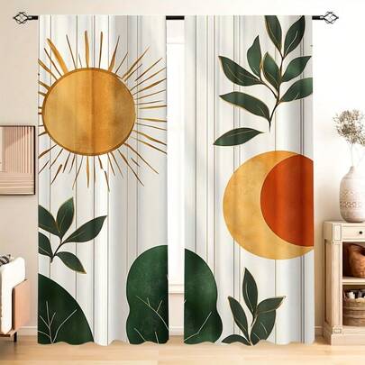 2 piezas de persianas con estilo bohemio de sol y luna, decoradas con un sol dorado, una media luna naranja y un patrón de follaje verde, impresión plana 2D, estilo bohemio moderno, transmisión de luz, adecuado para persianas de varilla en dormitorios y salas de estar.