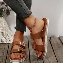 Summer Beach Walking Sandals For Women Flats Dressy Comfortable Flats Slides Buckle Shoes Outdoor Travel - 棕色 - 查看 2
