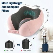 Memory Foam Travel Neck Pillow For Airplane, Adjustable Snap Buttons, Foldable Compact Design With Carry Bag, Washable Velvet Cover, Flat Back Support For Car, Train, Home Use - Pink - View 2