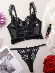 2 piezas Conjunto de lencería sexy con bordado floral para mujeres - Negro - Ver 2
