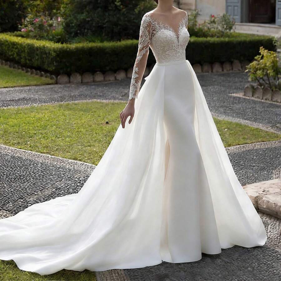 Elegant Sexy Long Sleeves Lace Appliqué Mermaid Satin Formal Wedding Dress,Registry Office Dresses Bridal Gown,Evening Party Dress Birthday Party Dress Country Wedding,Romantic Church Ceremony Wedding Dress,Suitable For Wedding,Dating,Party,Singles' Party,Vacation,Formal Occasions,Dinner Dress,Prom Dress,Homecoming Dess,Cocktail Party,Wedding Guest Dress,Graduation - 白色 - 查看 1