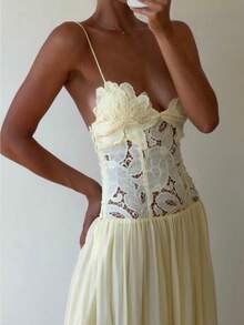 Sexy Spice Girl Casual Vacation Wind Embroidery Water Soluble Lace Hollow Splicing Chiffon Suspender Dress - 黃色 - 查看 4