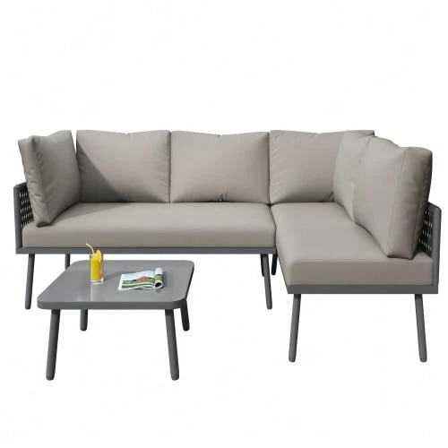 Ensemble de jardin en fer forgé, ensemble de mobilier de jardin en corde verte, ensemble de mobilier de jardin en forme de L, ensemble de salon de jardin en corde verte avec coussins d'assise, pieds réglables, 2 canapés et 1 table - Gris - Voir 1