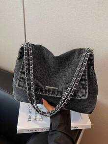 New Korean Style Chain Strap Large Capacity Denim Tote Bag, Casual Commuter Shoulder Bag For College Students - Black - View 3