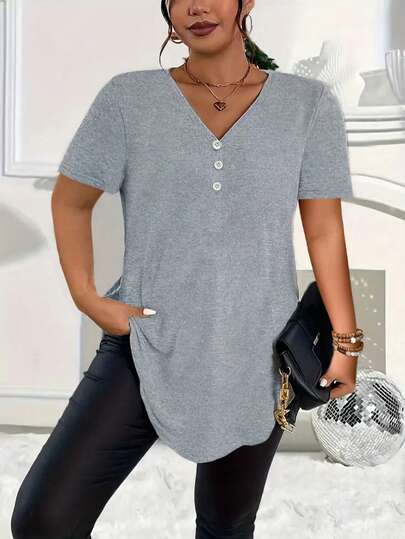 New Arrival Plus Size Solid Color V-Neck Button Casual Short Sleeve T-Shirt Summer