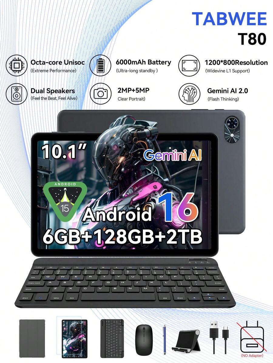 TABWEE Latest 10.5-Inch Android 16 Tablet, 14(6+8)GB RAM + 128GB/2TB TF Storage, 5G WiFi, 2.0GHz CPU, 5MP Camera, 6000mAh Battery, GMS Certified (Adapter Not Included)
