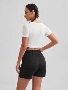 Women's Solid Color Drawstring Waist Casual Shorts, Versatile For Daily Wear, Hiking, Running, Cycling Sports - Black - View 6