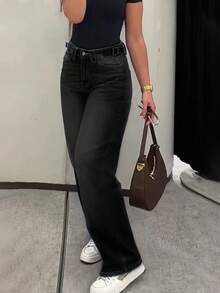 New Light Blue Washed Mid-Waist Straight Leg Jeans, Vintage Loose Casual Pants With Adjustable Metal Buckle Black Spring Fall - Black - View 5