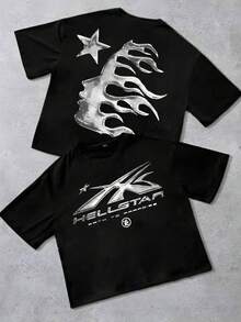 T Shirt Print ,Graphic-Cotton Tees Size Plus, Cartoon Round Neck Short Sleeve, Boys Clothes Summer Outfits Loose Round Neck Short Sleeve T-Shirt,Y2K TAR Metallic Lightning Logo Flame & Star Oversized Black T-Shirt,Boy Shirts,Athleisure Style, Street Fashion, Playful, Lively, Back-To-School Season. ,Y2K,Oversized Shirt Men,With Shirt,Summer Tops,Shirt Suitable - màu đen - Xem 1