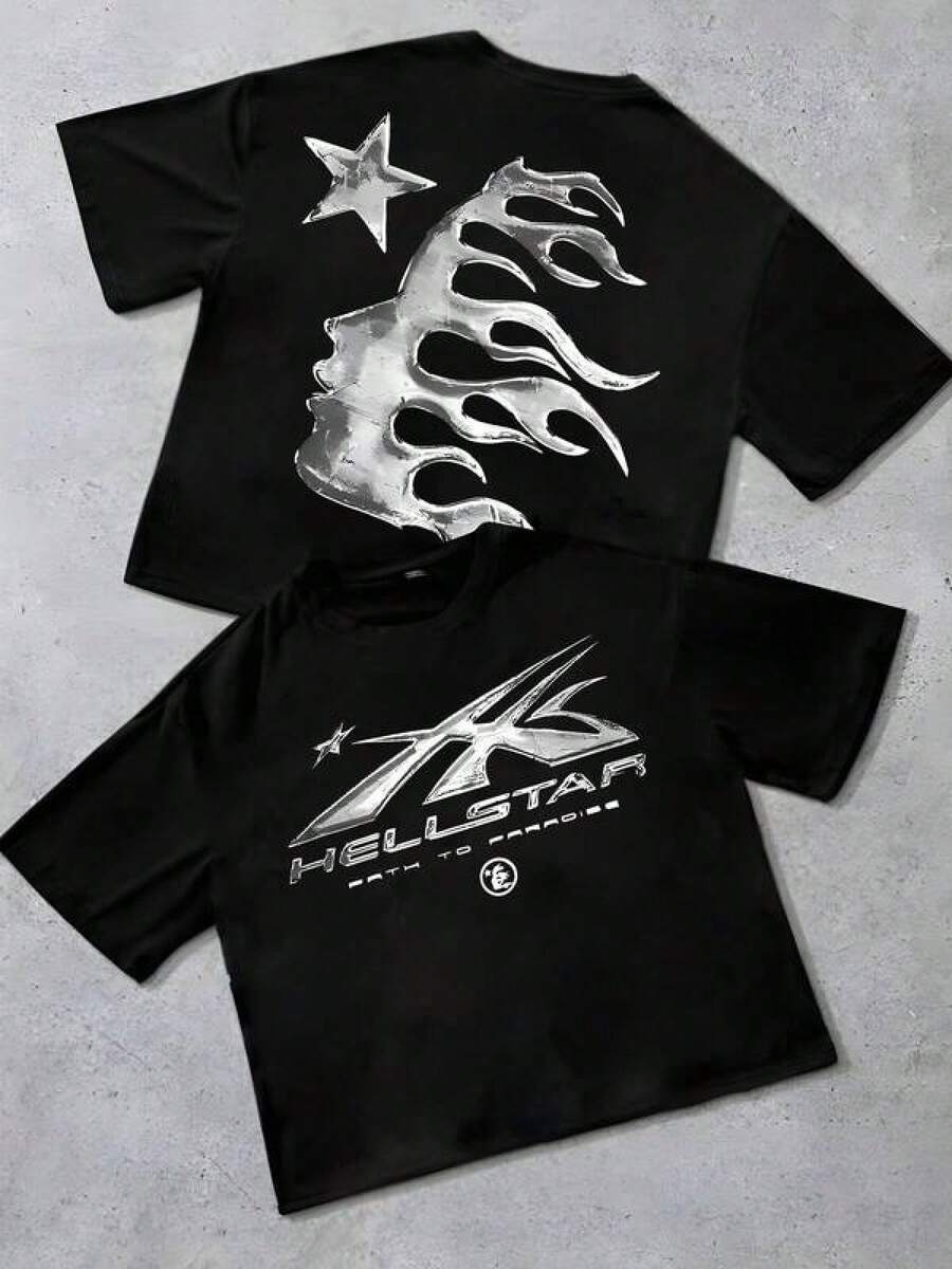 T Shirt Print ,Graphic-Cotton Tees Size Plus, Cartoon Round Neck Short Sleeve, Boys Clothes Summer Outfits Loose Round Neck Short Sleeve T-Shirt,Y2K TAR Metallic Lightning Logo Flame & Star Oversized Black T-Shirt,Boy Shirts,Athleisure Style, Street Fashion, Playful, Lively, Back-To-School Season. ,Y2K,Oversized Shirt Men,With Shirt,Summer Tops,Shirt Suitable - màu đen - Xem 1