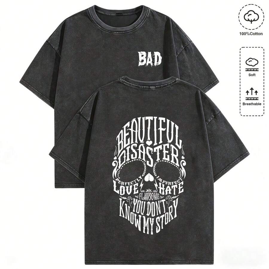 Retro Distressed Men's T-Shirt - "Beautiful Disaster" Skull & Text Graphic Print, Casual Daily Streetwear Top, Breathable Cotton Tee For Holiday Gifts 004-AB - màu đen - Xem 1