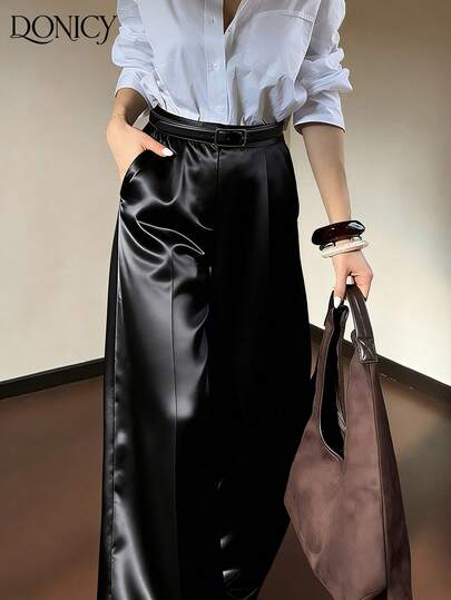 DONICY Quần ống rộng màu đen thanh lịch dành cho nữ, chất liệu mềm mại, cạp cao, dáng suông, kiểu quần đa năng phù hợp cho công sở và trang phục thường ngày.