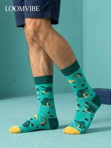 1 双男女通用中筒袜 - 孔雀绿卡通鳄鱼青蛙印花，撞色黄色袜口和绿色袜跟/袜尖，活泼的丛林动物图案设计，适合日常穿着，为您的造型增添休闲活泼的气息。 - 彩色 - 查看 9