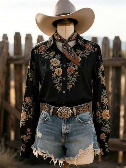 Camisa de manga larga con estampado floral de estilo bohemio retro para mujer de talla grande, blusa bohemia casual para mujeres en primavera y verano