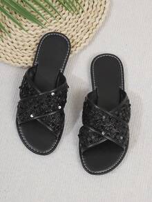 Shiny Colorful Sequin Criss-Cross Strap Slide Sandals, Fashionable Versatile Slip-On For Summer - Black - View 7