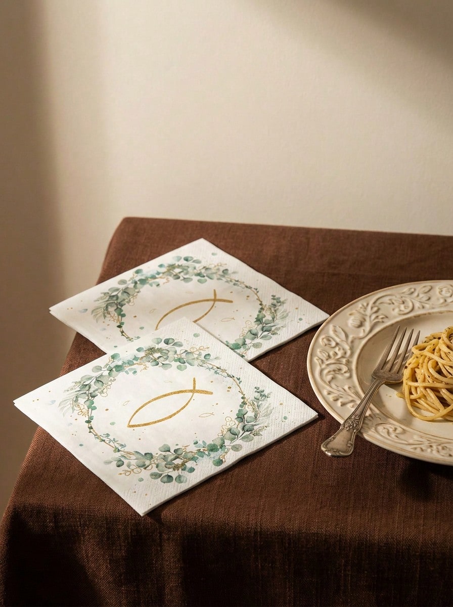 Cirelle 20张/40张/60张，圣餐餐巾，洗礼餐巾，坚信礼餐巾，鱼形桉树图案，适用于坚信礼、初领圣餐、餐桌装饰、派对、生日、婚礼等场合。 - 查看 1