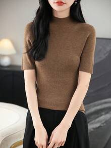 女士美利奴羊毛混纺高领短袖毛衣，现货，无缝针织上衣，适合秋冬季穿着 - 棕色 - 查看 4