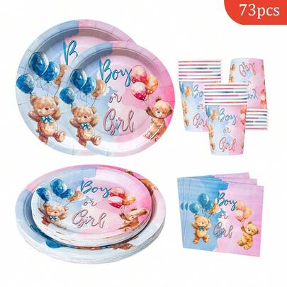 Bộ đồ dùng tiệc dùng một lần hình gấu bông (đĩa, khăn ăn, cốc) cho tiệc tiết lộ giới tính em bé, phù hợp cho 16 khách, bộ đồ ăn bằng giấy dùng một lần cho sinh nhật, đám cưới, tiệc theo chủ đề, dã ngoại gia đình.
