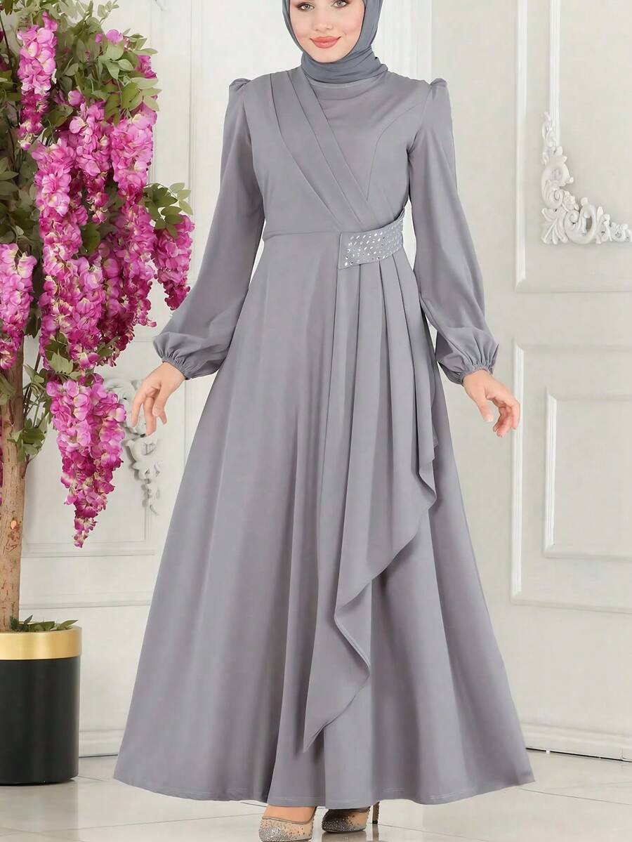Đầm dài nữ màu trơn, xếp ly ở gấu váy, đính hạt cườm ở eo, kiểu dáng kín đáo phong cách Ả Rập, thích hợp cho lễ Eid mùa xuân. - Xám - Xem 1