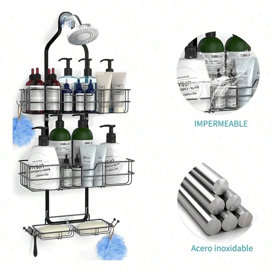Large Capacity Bathroom Shelf With Two Soap Dishes, Bathroom Storage Rack, Clean And Tidy Storage. - Black - View 1