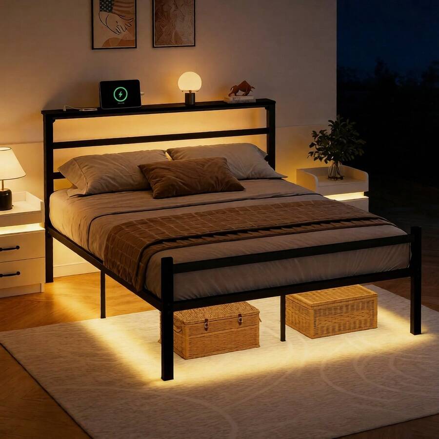 Twin/ Full/ Queen Size Bed Frame With LED Lights, Metal Bed Frame With Charging Station, Headboard Storage Shelf, Heavy Duty Metal Slats, No Box Spring Needed, Noise Free, Easy Assembly, Black ( USB LED Strip) - Black - View 1