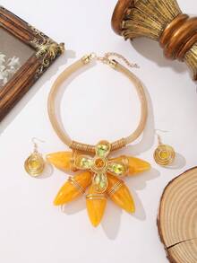 Handmade Exaggerated Multi-Layer Aluminum Wire, Synthetic Crystal, Wax Line, Resin Woven Bohemian, European And American, South Asian Style, Fashionable Retro, Glamorous Evening Party, Sea Blue, Korean Style Holiday Casual Necklace And Earrings - Yellow - View 4