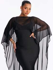 Awevudst Women High Low Capelets Shawls And Wraps For Evening Dress Chiffon Cape Sheer Shawl Wedding Bridal Shawl Cape Evening Dress Capelets 3 Multi-Ways Shawl Bridesmaids Capelet Scarf - màu đen - Xem 8