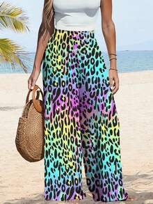 Women Summer Wide-Leg Pants Rainbow Leopard Print Yoga Pants Sleeve Hoodie For Women Fashion Pastel Oversized Pullover Cute Fun Y2K Aesthetic Perfect Casual Wear Music Festivals Summer Outfits Casual Trousers - 彩色 - 查看 2
