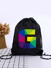 1pc Geometric Colorblock A-Z Letter Drawstring Backpack, Rainbow Letter Print Cinch Bag, Lightweight Sports Fitness Travel School Backpack - Black - View 9