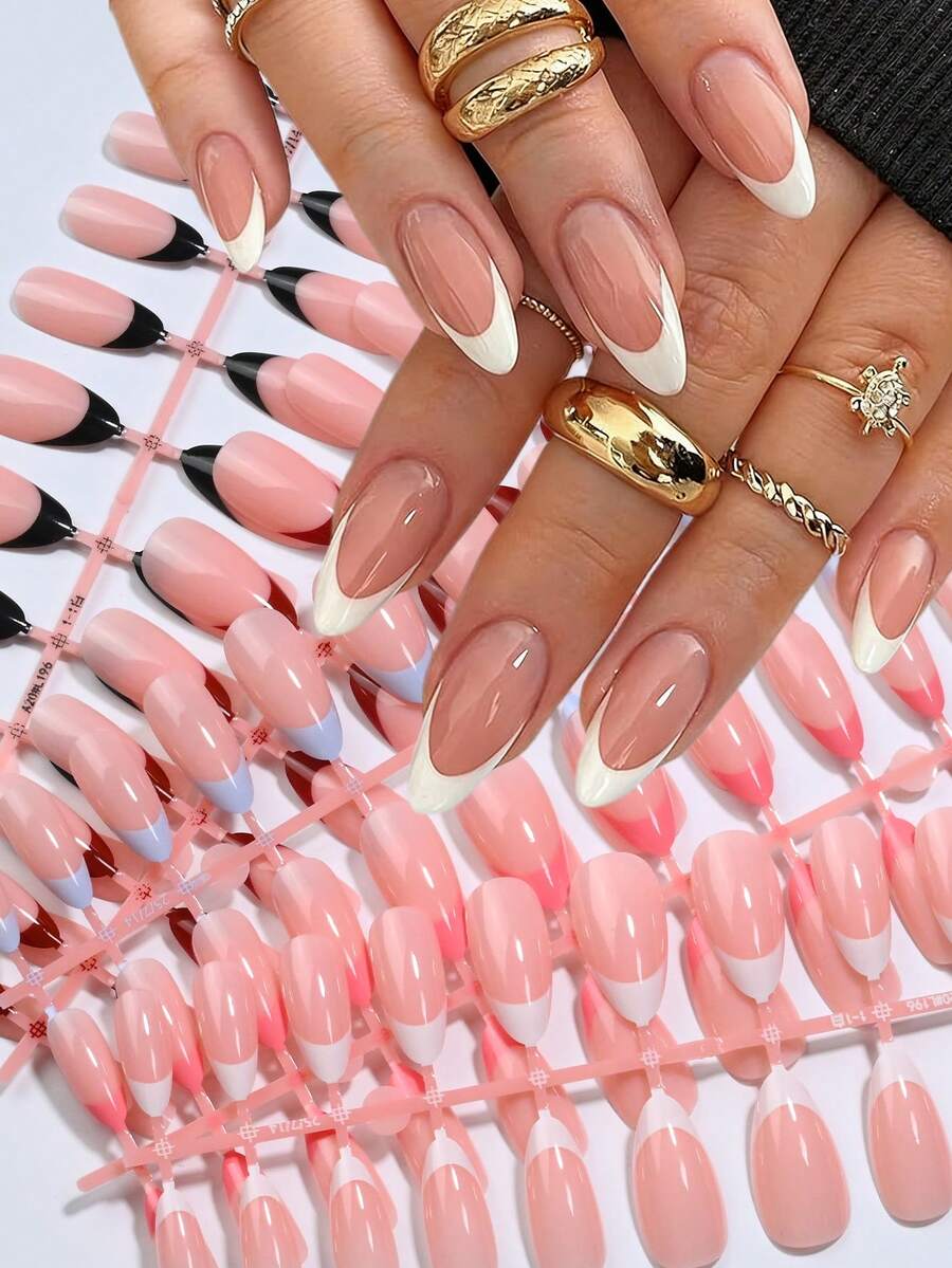 144 piezas Uñas postizas con puntas francesas cortas en forma de almendra, uñas postizas francesas en 6 colores diferentes, uñas postizas reutilizables en 12 tallas, uñas postizas brillantes de cobertura completa para manicura de mujeres