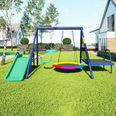 Multifunctional Outdoor Swing Set – With Slide, Trampoline, Round Nest Swing And Plastic Swing,  Durable, The Best Choice For A Children's Playground!