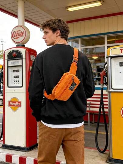 Túi đeo chéo nam màu trắng bằng vải nhung kẻ, kiểu dáng cổ điển, thích hợp cho đi lại hàng ngày, phong cách đường phố thường ngày.