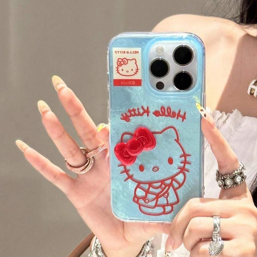 SANRIO Ốp lưng điện thoại thời trang cao cấp mới, họa tiết Hello Kitty 3D màu xanh băng giá, nơ đỏ, tương thích với iPhone 17 Pro Max/16 Pro Max/Plus/15 Pro Max/14 Pro Max/13 Pro Max/12 Pro Max/11 Pro, ốp bảo vệ điện thoại hoạt hình nữ tính sáng tạo, cá tính. - Nhiều màu - Xem 1