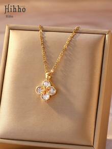 Hihho Dây chuyền nhiều lớp hình cỏ bốn lá đính đá Cubic Zirconia và hoa năm cánh đính ngọc trai, phù hợp cho phụ nữ đi làm hàng ngày, hẹn hò, đa năng, dễ phối với váy vào mùa xuân và trang phục trễ vai vào mùa hè, tạo nên vẻ quyến rũ. - Vàng - Xem 2