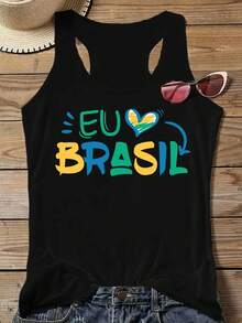 Summer Wear EU ️ BRASIL I Love Brazil Pattern Black Printed Sleeveless Tank Top Fashionable Women's Summer Clothing Promotion Cool Streetwear Women's Top Micro-Elastic Sleeveless Tank Top Best Quality - 黑色 - 查看 1