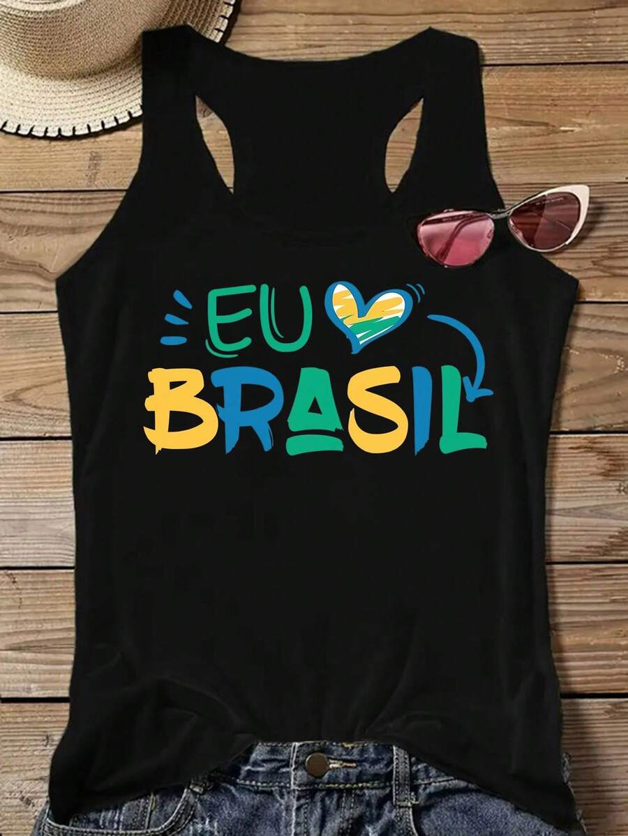 Summer Wear EU ️ BRASIL I Love Brazil Pattern Black Printed Sleeveless Tank Top Fashionable Women's Summer Clothing Promotion Cool Streetwear Women's Top Micro-Elastic Sleeveless Tank Top Best Quality - 黑色 - 查看 1