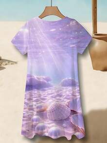 V Neck Short Sleeve Dress Purple Sea Shell And Sand Pattern Beach WearSuitable For Leisure And Sports Scenarios - Blush Crush - 查看 4
