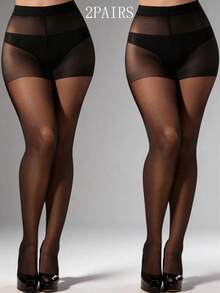 2 pares de meias-calças transparentes para mulheres - meias-calças pretas transparentes, meias confortáveis para vestidos, escritório e looks casuais - Preto - Visão 1